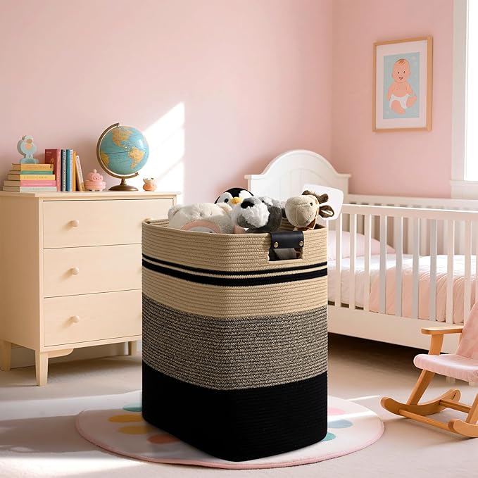 Laundry Hamper, 95L Tall Laundry Basket with Leather Handles, Rectangle Large Clothes Hamper for Organizing, Cotton Woven Laundry Baskets Storage Hampers for Bedroom, Nursery, Living Room