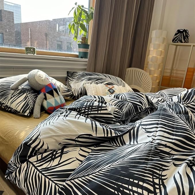 Black Palm Leaf Comforter Set King Size Ultra Soft Down Alternative 3-Piece Palm Leaf Twin Size Bedding Set Soft and Breathable Comfortable