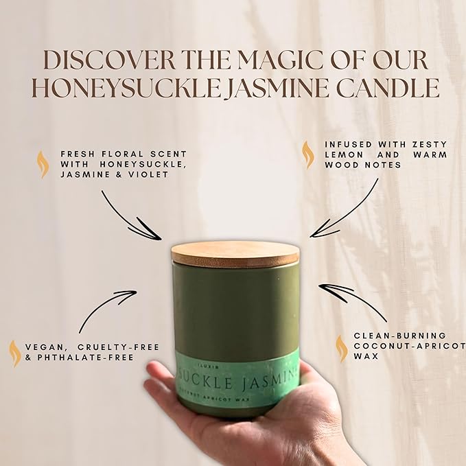 Honeysuckle Jasmine Scented Candle – Long Burning Fresh Floral Spring Fragrance with Lemon, Violet & Wood – Hand-Poured Coconut-Apricot Wax, Non-Toxic, Cruelty-Free – 13 oz with Bamboo Lid