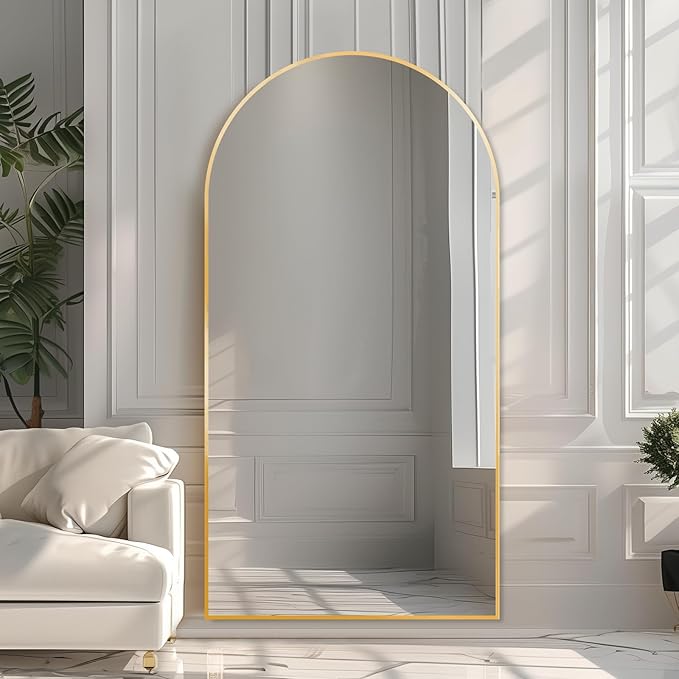 Beauty4U 76" x 34" Large Arched Full Length Mirror with Stand, Gold Wall Mounting Full Body Tempered Mirror, Metal Frame Full-Length Mirror for Living Room, Bedroom