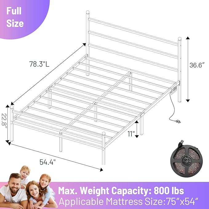 Full Size Bed Frame with Headboard and Footboard,Steel Slats Support-LED Bed Frame with USB Charging Station,Mattress Foundation-Under Bed Storage,No Box Spring Needed,Noise Free,White