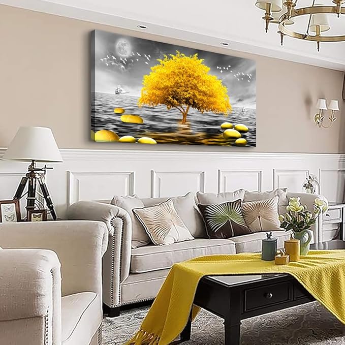 Wapluam Large Canvas Wall Art For Living Room, Office, Modern Bedroom Decor - Black And White View - Yellow Tree Pictures - 60X30 in
