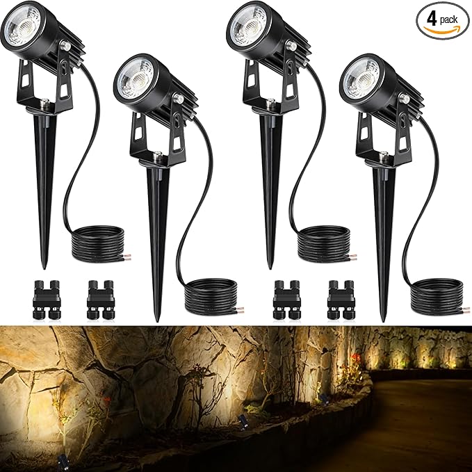 SUNVIE 3W Low Voltage Landscape Lighting LED Landscape Spotlights with Connectors Waterproof Low Voltage Landscape Lights 3000K Warm White Uplights Outdoor Spot Lights for Yard Garden House, 4 Pack