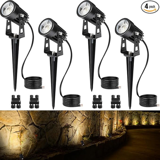 SUNVIE 3W Low Voltage Landscape Lighting LED Landscape Spotlights with Connectors Waterproof Low Voltage Landscape Lights 3000K Warm White Uplights Outdoor Spot Lights for Yard Garden House, 4 Pack