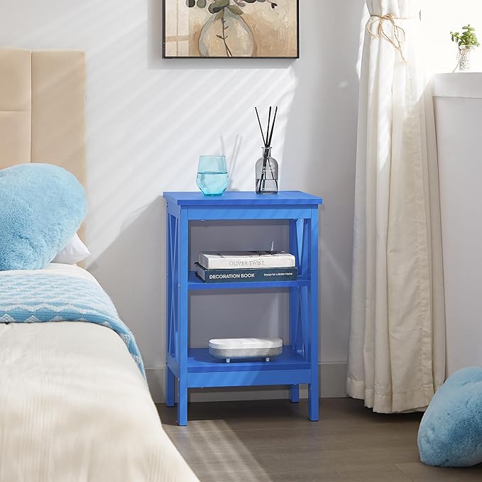 VECELO End Table, Bedside Table, 24" Tall Living Room End Tables, X-Design Reinforced Nightstands, Side Table with 3-Tier Storage Shelves for Small Spaces, Office, Bathroom, Bedroom, Dark Blue