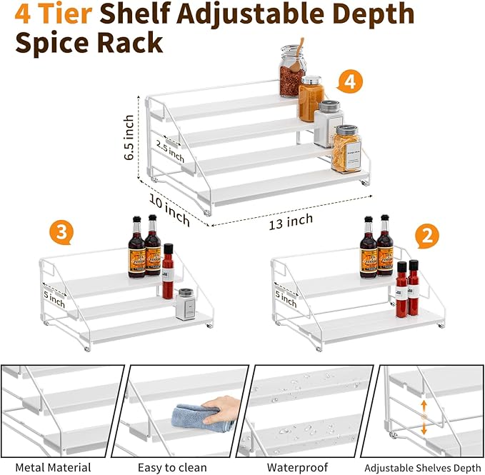 Tiered Spice Rack, 4 Tier Spice Shelf Organizer for Cabinet, Spice Rack Organizer, Depth Adjustable Seasoning Rack Organizer for Cabinet, Countertop, Pantry, Metal, White (1 Pack)