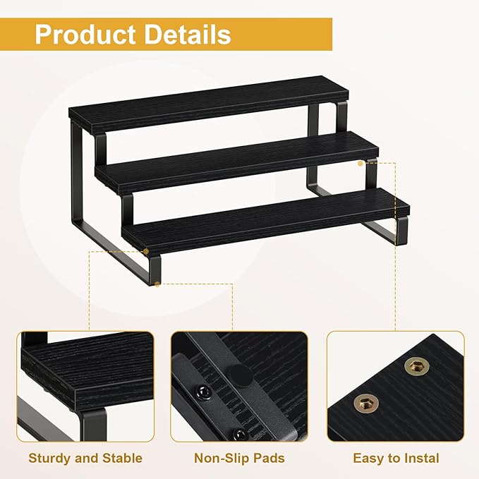 Giikin 3 Tier Display Stand Riser, Wooden Display Stand Perfume Organizer Stand Cupcake Stand Holder, Tiered Display Stand Risers Display Shelf for Home and Shop, Black