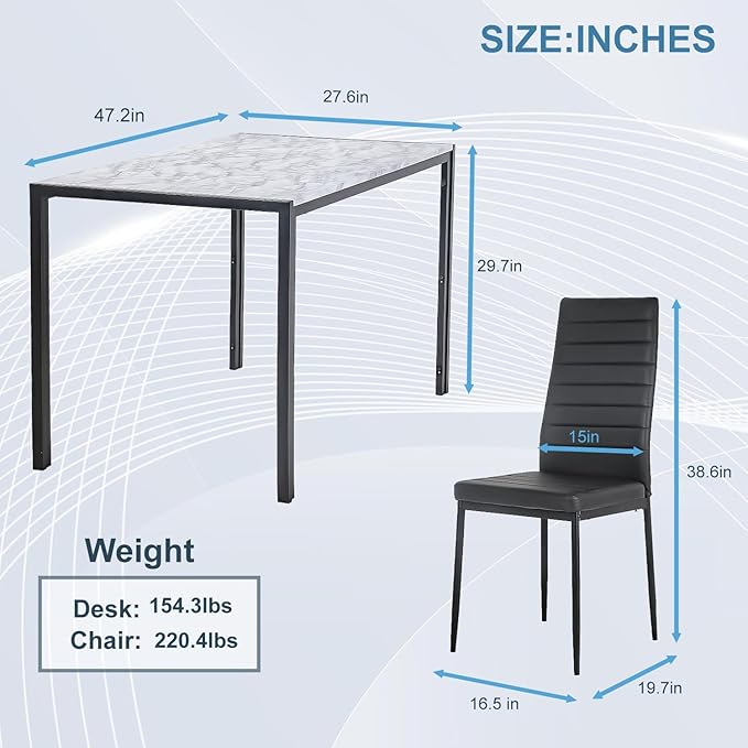 PayLessHere Dining Table and Chairs Set, Modern Rectangular Marble Table top with 4 Chairs PU Leather for Dining Room and Kitchen, White Marble