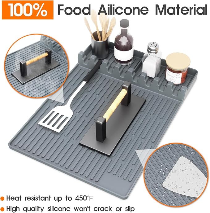 Silicone Griddle Tool Mat for Blackstone, 16"x11.5" Easy to Clean Heat Resistant Non-Stick Antislip Spatula Mat Griddle Accessories for Outdoor Grill BBQ Cooking Kitchen Counter (Gray)