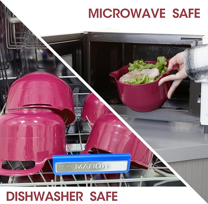 BoxedHome 4 Pack Nesting Mixing Bowl Set with Pour Spout and Handle, Non-Slip Bottom, BPA free Microwave & Dishwasher Safe(Deep Carmine)