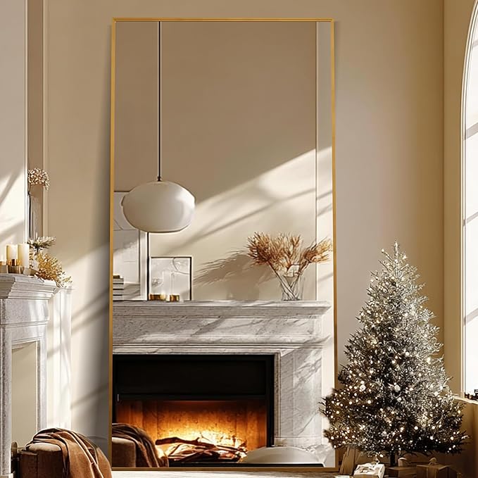 Beauty4U 79" x 39" Large Full Length Mirror with Stand, Metal Frame Gold Wall Mounting Full Body Tempered Mirror for Living Room, Bedroom