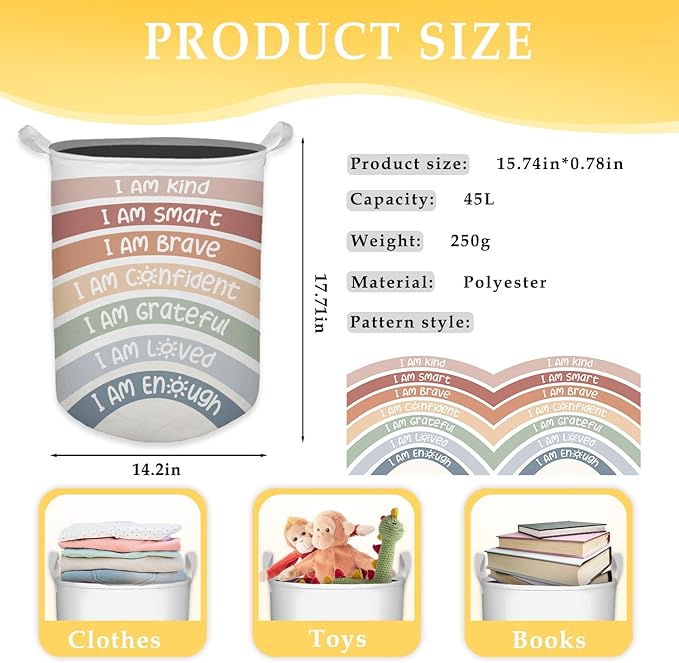 Boho Rainbow Laundry Basket, Positive Affirmations Inspirational Waterproof Collapsible Laundry Hamper Dirty Clothes Storage Toy Bin Organizer for Kids Room College Dorm Bedroom Bathroom