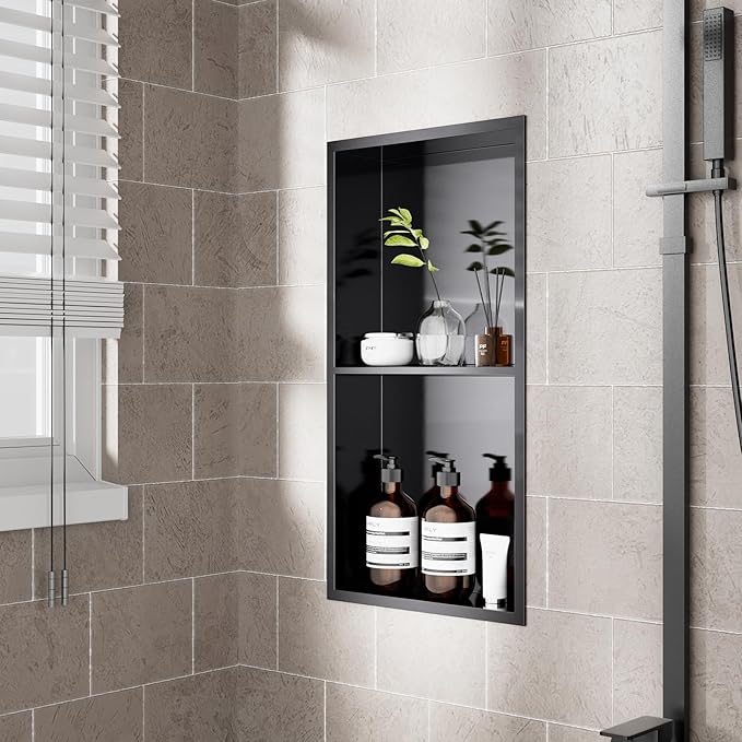 POPFLY 12"×24" Dark Grey Stainless Steel Shower Niche, Double Shelf Bathroom Insert Niche No Tile Ready Needed Recessed Two Tier Wall Niches for Shower