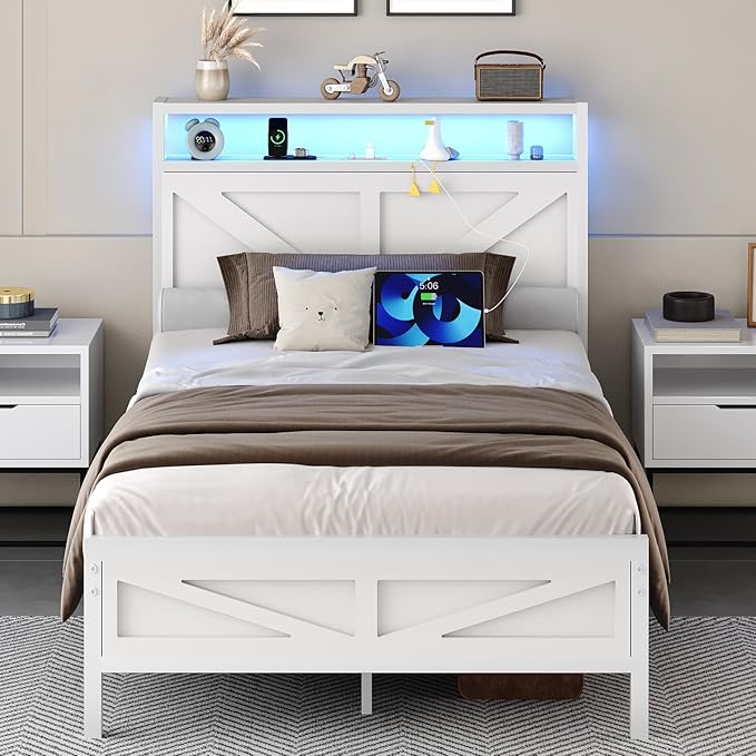 Twin Bed Frame with Charging Station and LED Lights, Twin Size Metal Platform Bed Frame with Storage and Rustic Barn Door Headboard, Heavy Duty Steel Slats Support, No Box Spring Needed, White