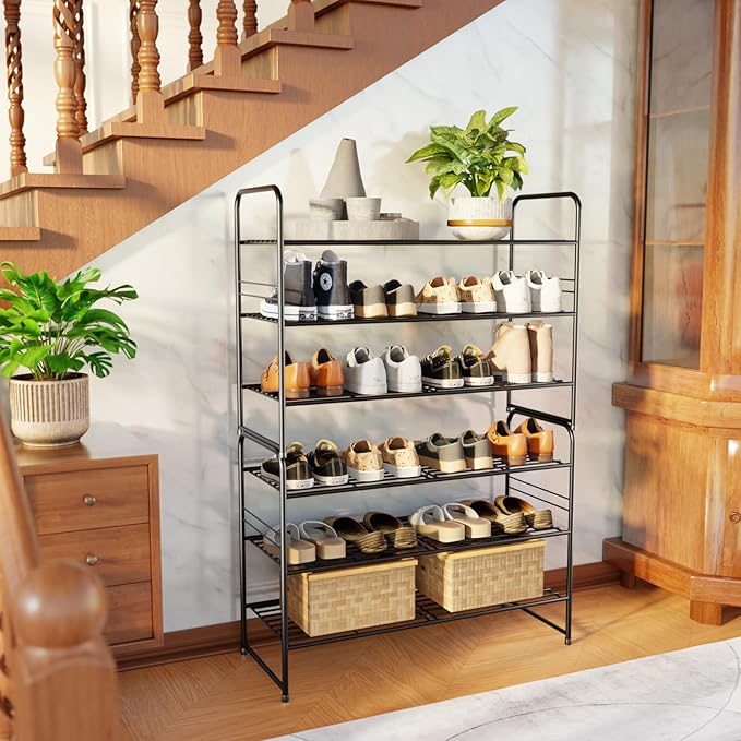 SUFAUY 3-Tier 33" Wide Shoe Rack, Closet Metal Shoe Rack Organizer Heavy Duty, Stackable, Black