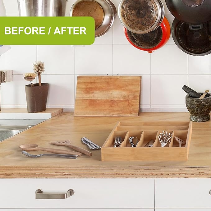 Bamboo Utensil Drawer Organizer, Silverware Tray Organizer, Kitchen Drawer Organizer for Flatware Cutlery, Silverware Tray for Drawer (brown, Large 16.5x12.3 Inch)