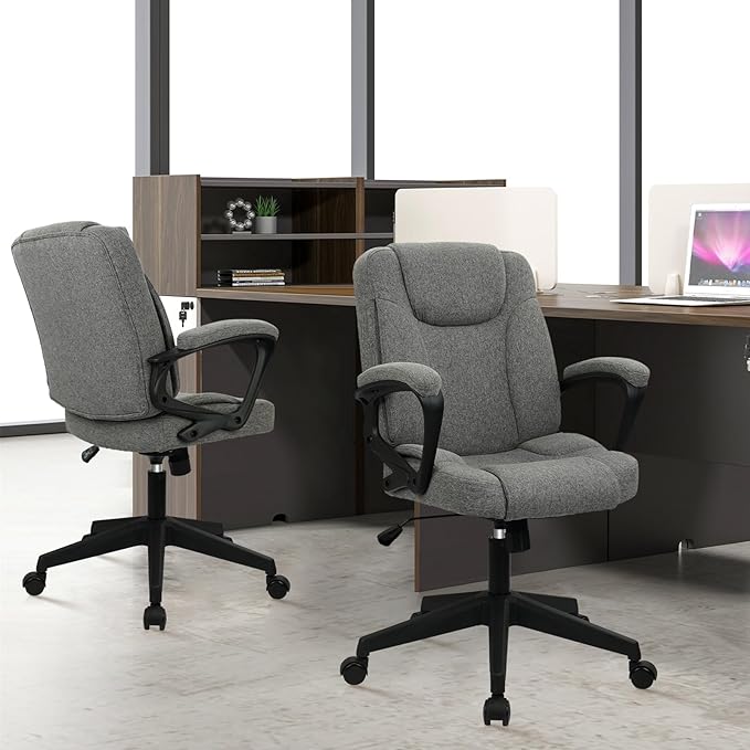 CLATINA Fabric Home Office Chair Linen Cloth Ergonomic Swivel Desk Chair with Padded Armrests, Adjustable Height Swivel Rolling Computer Task Chairs for Work, Conference, Study, Grey