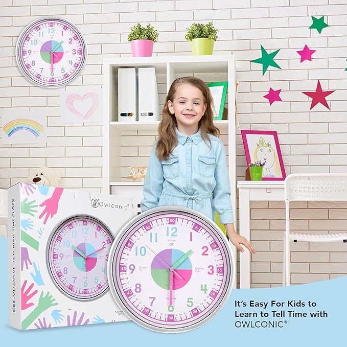 OWLCONIC Telling Time Teaching Clock for Kids - Analog for Bedrooms, Playroom, Homeschool Decor, School Classroom Learning, Educational for Learning to Tell Time