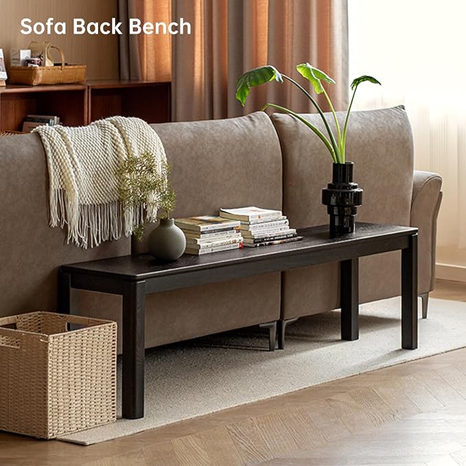 47.2'' 100% Solid Wood Dining Bench, Oak Wood Long Bench for Dining Table, End of Bed, Entryway, Hallway, Sofa Back, Suqare Bench for Dining Room Kitchen Bedroom Living Room, Black