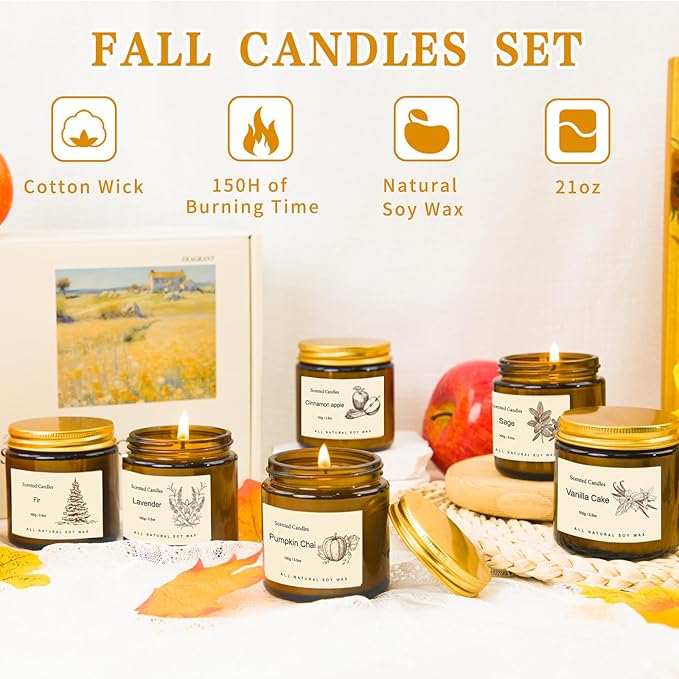 Fall Candles Gift Set,6 Pack Scented Candles for Home, Aromatherapy Gifts for Women Men, Fall Winter Holiday Natural Soy Candles Set for Birthday, Mother's Valentines Day Gifts for Her