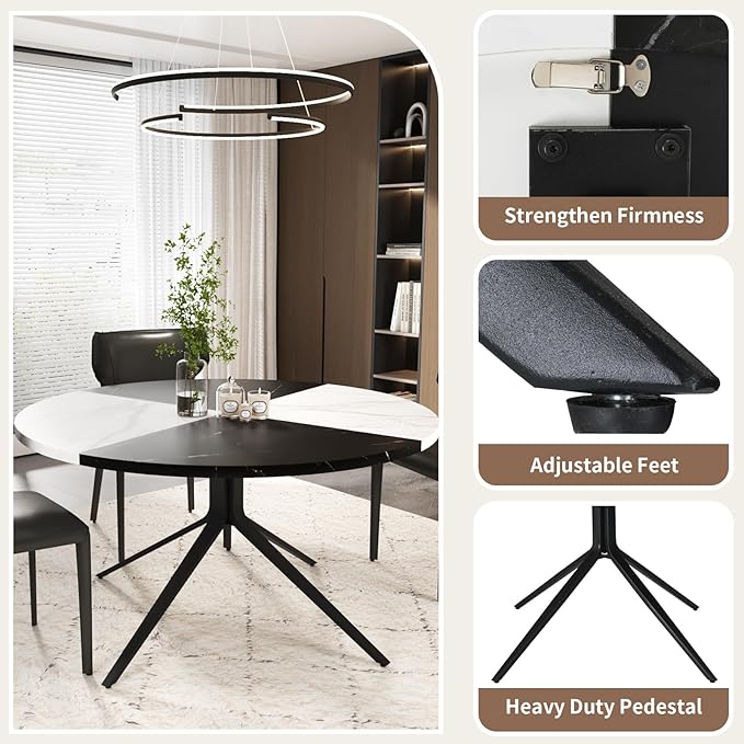 VOWNER Modern Round Dining Table for 4-6 People, 47 Inches Wood Kitchen Table, Dining Room Table with Metal Legs, Circle Coffee Dining Room for Living Room, Home, Apartment, Black and White