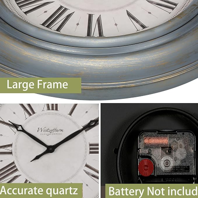 Extra Large Wall Clock, 30 Inch, Blue Bronze, Silent Non-Ticking Quartz Movement, Battery Operated, Decorative Roman Numeral, Vintage Clock Living Room, Office, Home Decor