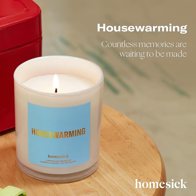 Homesick Scented Candles for Home (Housewarming) - 7.5 oz Long-Lasting Natural Soy Wax Blend Jar Candle Gift for Women & Men for All Occasions, 30-35 Hours Burn Time - Notes of Cotton & Water Lily