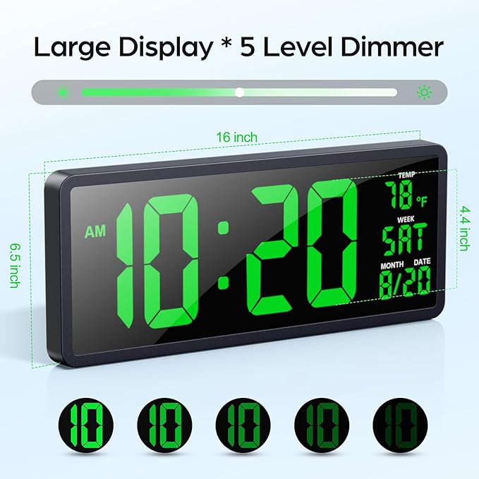 YORTOT 16β Large Digital Wall Clock with Remote Control and 7 Night Lights, 4 Level Dimmer, Super Easy to See, Big LED Clock with Indoor Temperature, Date, Perfect for Home, Office, Gym (Green)
