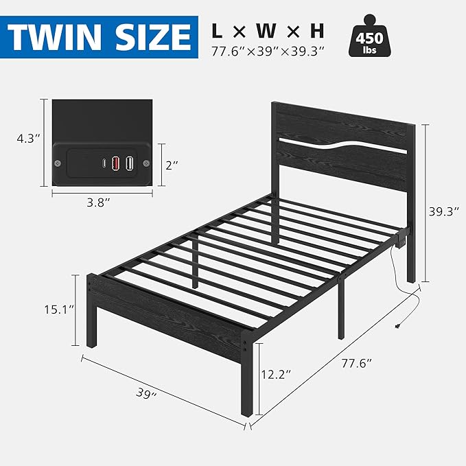 VECELO Twin Size Platform Bed Frame with USB Charging Station and Wood Storage Headboard, Heavy Duty Metal, Large Storage, Noise-Free, No Box Spring Needed, Easy Assembly, Black