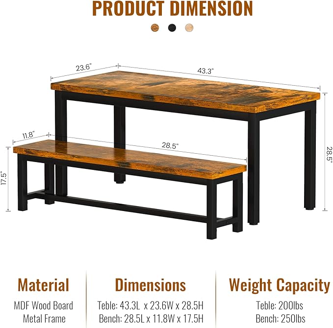 AWQM Dining Room Table Set, Kitchen Set with 2 Benches, Ideal for Home, and Room, Breakfast of 43.3x23.6x28.5 inches, Benches 38.5x11.8x17.5 Industrial Brown (A006-11F2-L)
