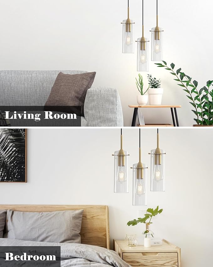 Gold Glass Pendant Lights, Island Pendant Lights for Kitchen, Blown Glass Pendant Light 2 Packs, Modern Kitchen Pendant Light, Hanging Pendant Lights for Kitchen Island, Dining Living Room