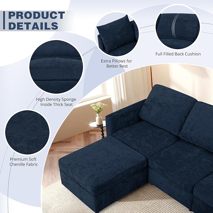 110” Chenille 4 Seats Sofa W/2 Movable Ottoman, Modern Fabric U-Shaped Couch with Soft Backrest, Upholstered Sectional Sofa with Armrest Pillows for Living Room, Office, Blue