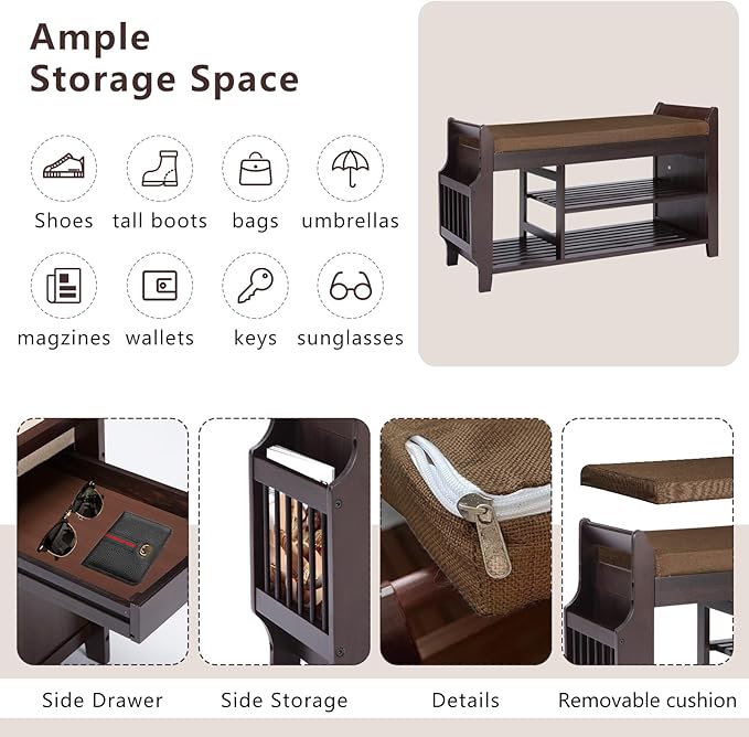 Bamboo Shoe Storage Bench, 3-Tier Shoe Rack with Padded Seat Cushion, Shoe Organizer Shelves for Entryway, Living Room, Bedroom, Hallway, Brown 39”