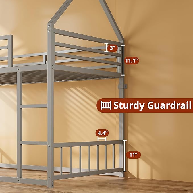 LIKIMIO Bunk Bed Twin Over Twin, House Bunk Bed Frame with Ladder and Guardrail, House Shaped with Metal Slats for Dormitory and Bedroom, Space Saving, No Box Spring Needed, Grey