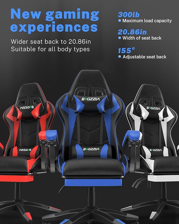 Gaming Chair with Footrest, High Back Ergonomic Computer Gamer Chair with Headrest and Lumbar Support, Racing Style Reclining Game Chair for Adults, Kids (Blue-Black)