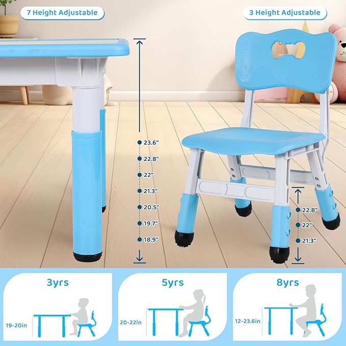 Arlopu Kids Table and 6 Chairs Set, Height Adjustable Graffiti Desk, Preschool Activity Art Craft Table, for Daycare Classroom Home Boys and Girls Age 3-12 (Blue)