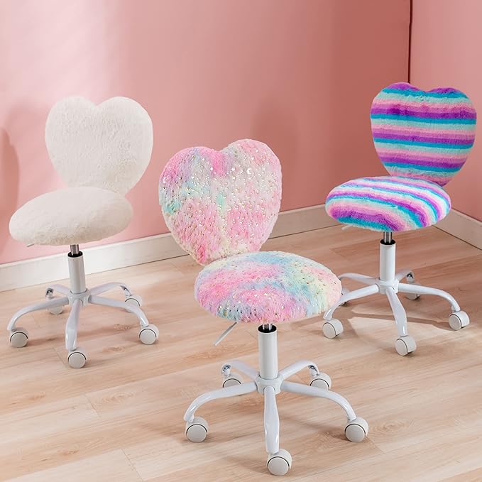 Small Desk Chair Swivel Kids Office Chair Fuzzy Student Computer Task Chair Faux Fur Vanity Chair Cute Heart Chair for Girls Boys Bedroom, Rainbow