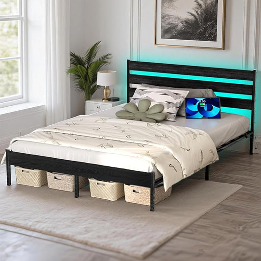 Full Size Bed Frame with Headboard,Heavy Duty LED Bed Frame with USB Charging Station,Mattress Foundation-Under Bed Storage, No Box Spring Needed, Noise Free,Black