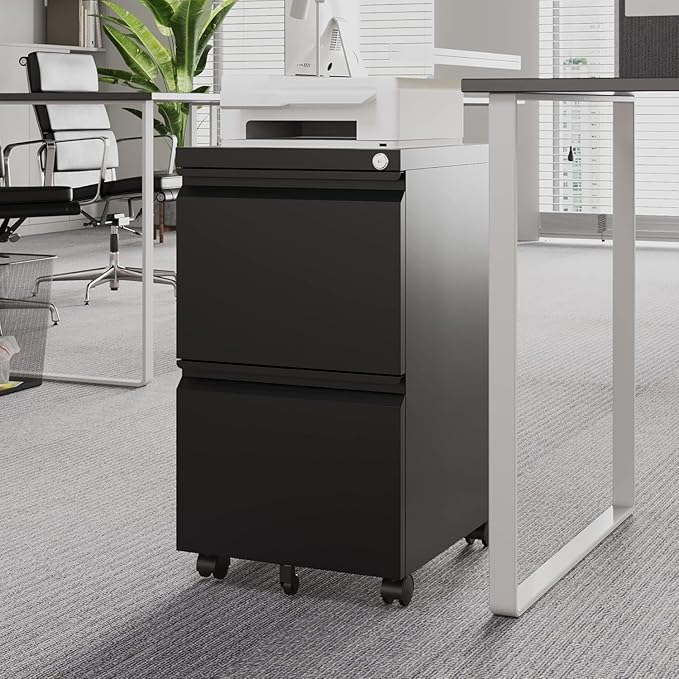 Letaya 2 Drawer Mobile File Cabinet with Lock, Under Desk Metal Rolling Filing Cabinets for Home Office Organizer Letters/Legal/A4 (Black- Requires Installation)
