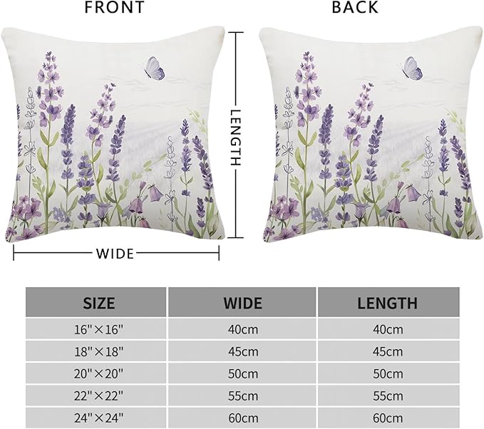 Spring Lavender Pillow Cover 22x22 Inch Set of 2 Purple Flowers Throw Pillow Covers Summer Watercolor Floral Decorations Linen Cushion Covers Farmhouse Home Decor for Sofa Couch Outdoor