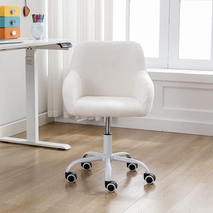 HEAH-YO Swivel Chair with Wheels, Adjustable Kids Desk Chair with Armrest and Back, Cute Lamb Wool Study Chairs for Boys and Girls, White