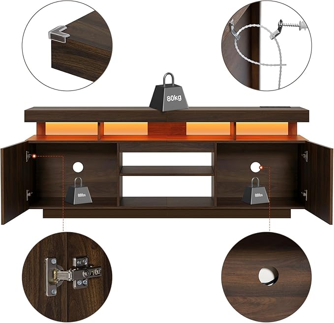 HOMMPA LED TV Stand for up to 70" TV Entertainment Center with Power Outlets, Gaming TV Consoles with Storage Media Table with LED Lights Game Cabinet for Living Room Walnut
