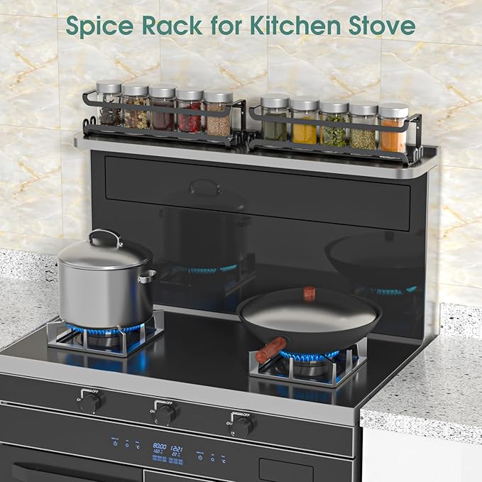 LUCYCAZ 2 Pack Wall Mounted Spice Rack with 16 Hooks, Spice Organizer Shelf for Stove Cabinet Pantry Door,Screw or Adhesive Spice Shelf Hanging Wall Spice Rack in Kitchen and RV (Black, 2 PACK)