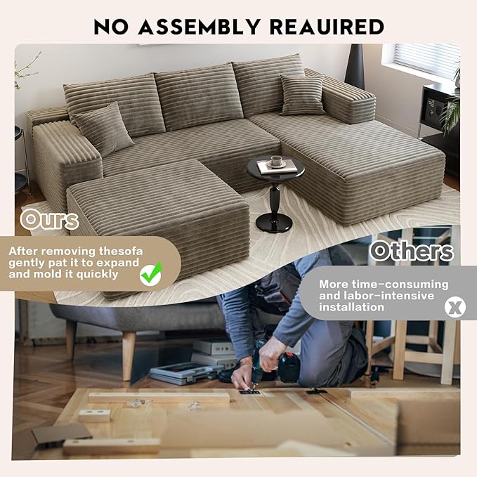 107.5" Cloud Sectional Couch with 1 Ottoman,Modern Modular Sofa with Deep Seat, Comfort U Shaped Sofa Couches for Living Room Bedroom Apartments,No Assembly Required, (Camel,Right Facing Chaise)