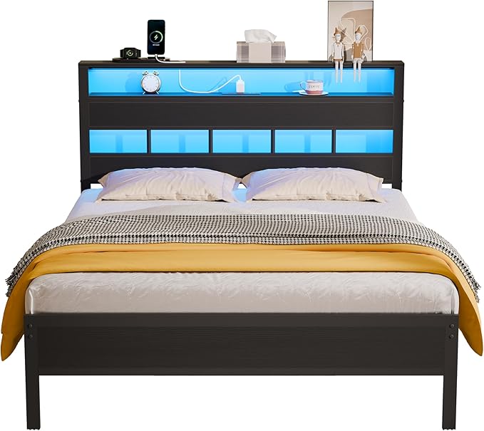 Furnulem Full Size Bed Frame with LED Light and Charging Station, Wood Storage Headboard with 2-Tier Shelves, Metal Platform Bed with Heavy Duty Slats Support, No Box Spring Needed, Black Oak