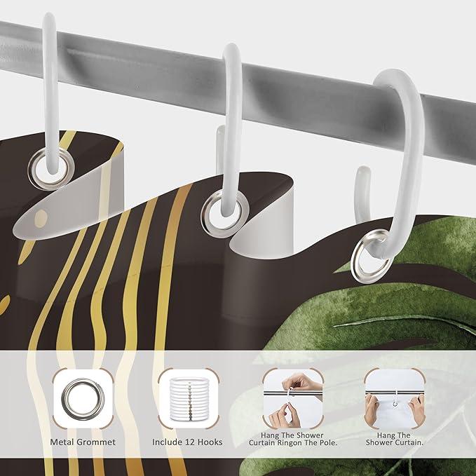 Glawry Dark Green Gold Boho Mid Century Shower Curtain Abstract Tropical Plant Minimalist Modern Geometric Palm Leaf Bathroom Simple 60Wx72L Inches Bath Accessories Art Home Decor Fabric 12 Pack Hooks