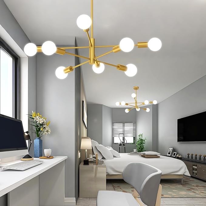 Modern Chandelier Ceiling Light Fixture, 53InchH Sputnik Chandeliers for Dining Room Hanging Light Fixtures Over Table Height Adjustable for Bedroom Kitchen Island Foyer 8-Light Gold