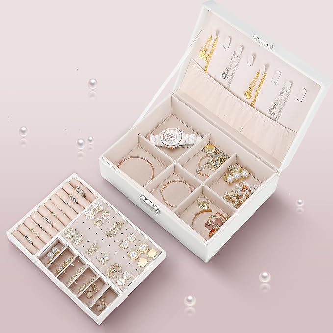White Jewelry Box 2 Layer Jewelry Box 10.4 x 7.7 x 3.9 Inches Jewelry Organizer Tray for Earrings Bracelets Rings Watches (White)