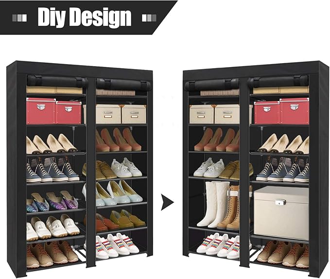 ERONE Shoe Rack Storage Organize, 28 Pairs Portable Double Row with Nonwoven Fabric Cover Shoe Shelf Cabinet for Closet
