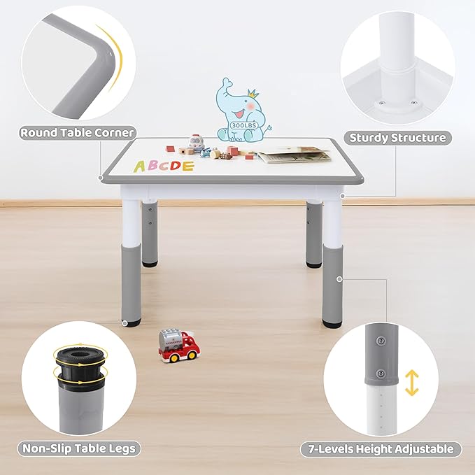Toddler Table, 7 Level Height Adjustable Kids Play Furniture for Ages 3-8, Rectangular Plastic, 23.6" W x31.5 L, Multi-Activity Desk with Graffiti Desktop for Home & Daycare